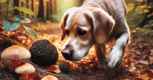 Truffle Dog smelling a truffle in the woods