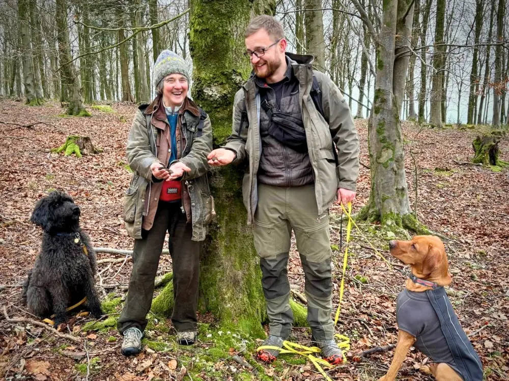 Ben and a client with their dogs deep in autumn woodland on a shadow day